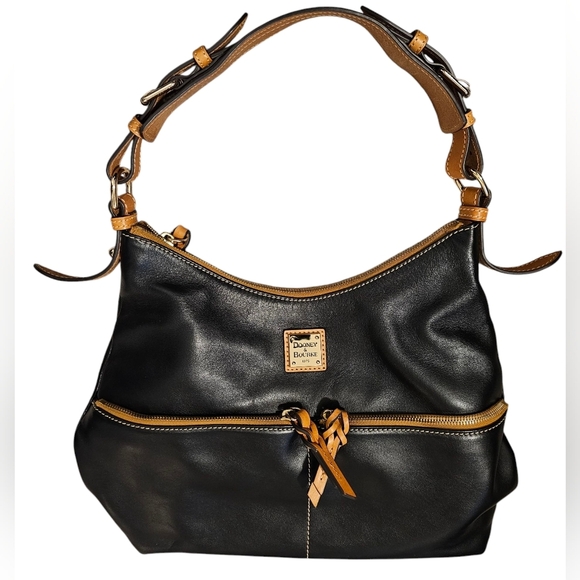 Dooney & Bourke Handbags - Dooney & Bourke Black and Tan Leather Hobo Shoulder Bag With Red Interior